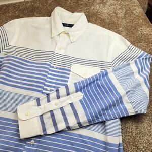 Ralph Lauren Mens Large Blue White Striped Cotton Button Down Shirt Long Sleeve